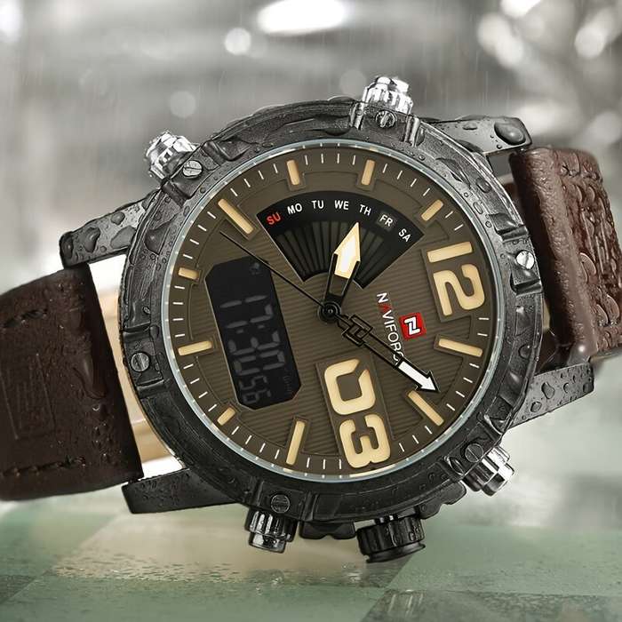 Brown - NAVIFORCE Fashion Sport Digital Watches Analog Date Clock Luminous Waterproof Genuine Leathe