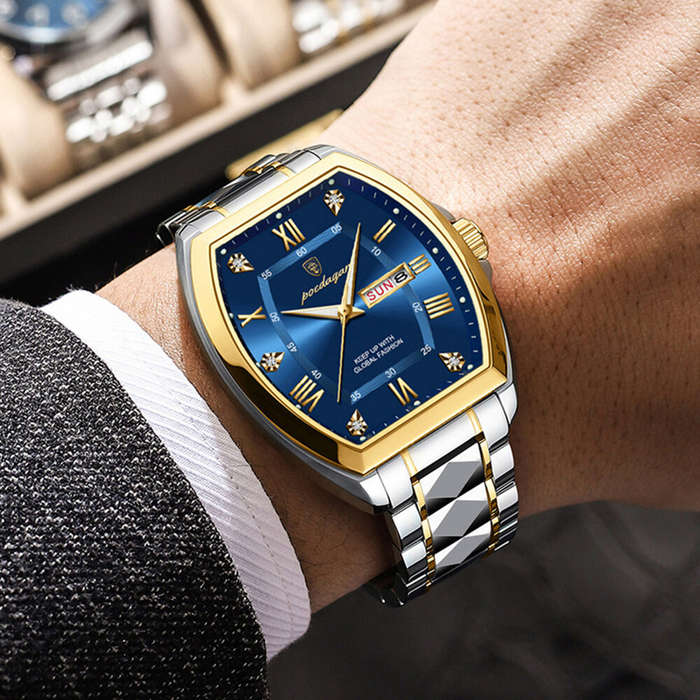 Blue - POEDAGAR Luxury Men's Business Casual Quartz Watch Luminous Waterproof Date Week Fashion Tonn
