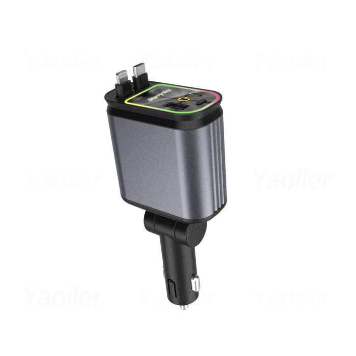 .A - 120W 4 in 1 Fast Charging Car Charger Retractable USB Charger with Ambient Light and 2 USB Port