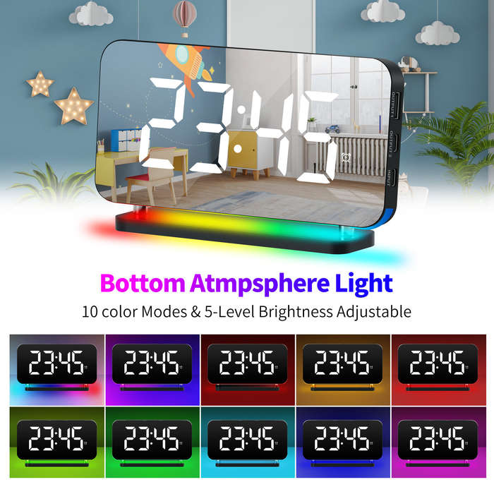 Black - Large Screen Electronic LED Mirror Clock Colorful RGB Display Colorful Night Light Radio Pro