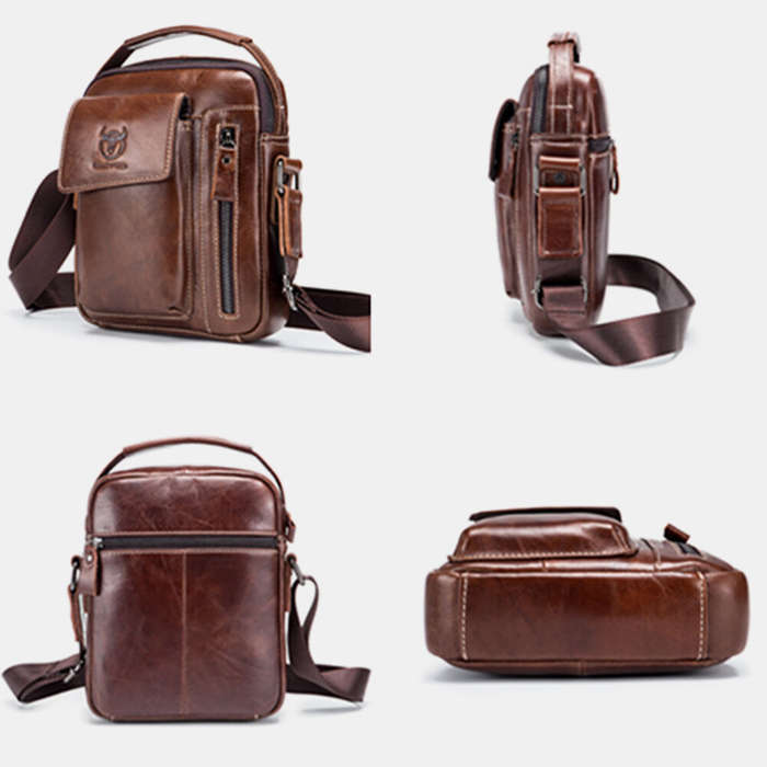 Black - BULLCAPTAIN Genuine Leather Business Messenger Bag Retro Mini Vintage Shoulder Bag Crossbody