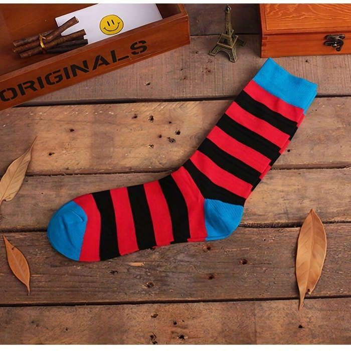 #01 - 5 Pairs Men's Colorful Striped Funny Novelty Cotton Dress Socks, Cool Design Rich Funky Crew S