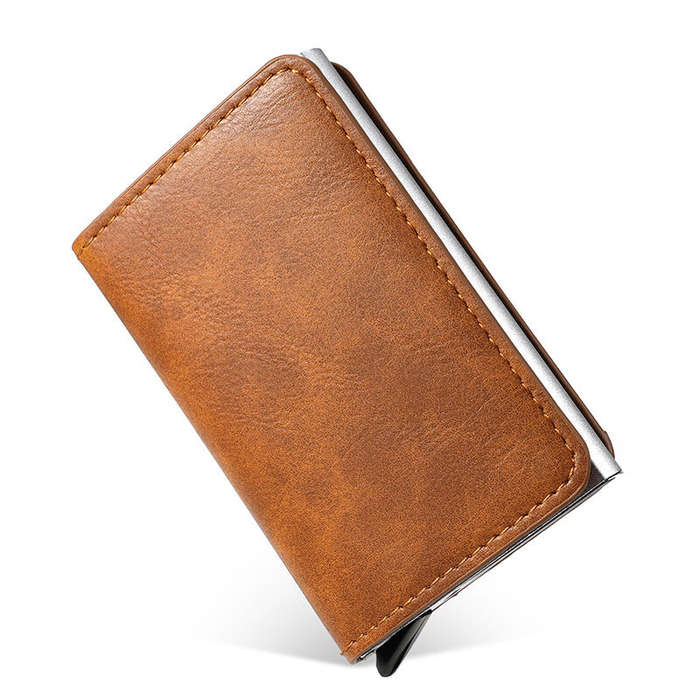 Brown - ID Credit Card Holder Wallet Mens RFID Blocking Protected Card Holder Case Slim PU Leather W