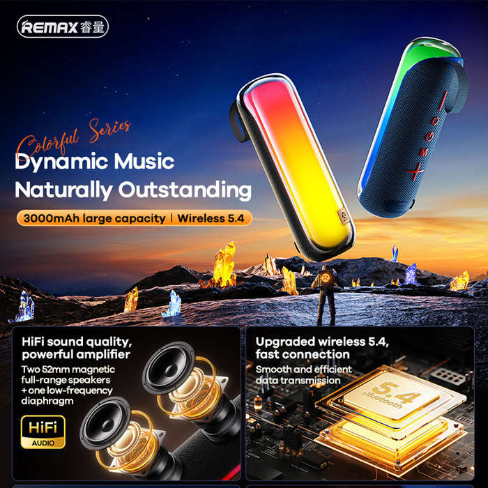 Blue - REMAX RB-M13 bluetooth Speaker Portable RGB Speaker Dual 52mm Drivers Bass Diaphragm 3000mAh