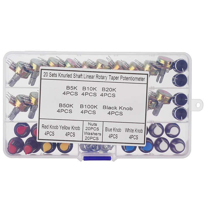 20PCS Single Potentiometer B5k/10k/20k/50k/100k Black White Blue Red And Yellow Knob Cap Set Boxed K