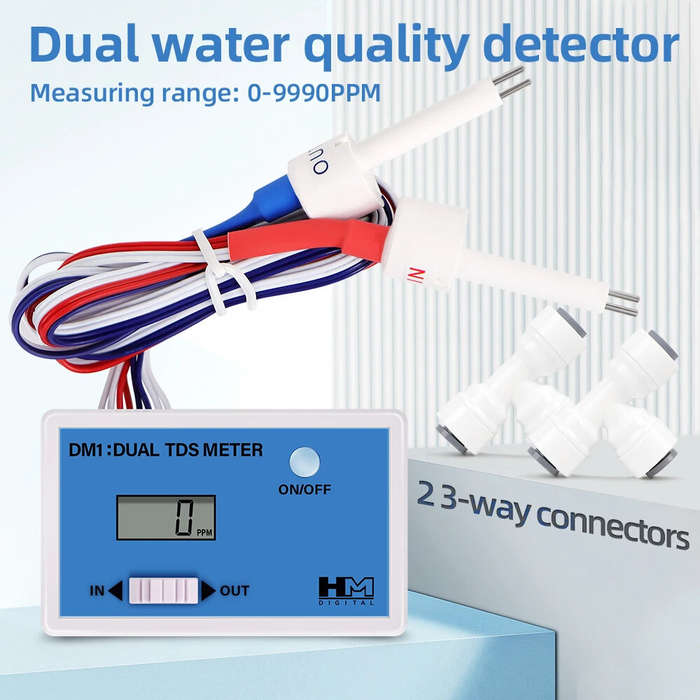 Blue - Dual Probe DM-1 Water Quality Tester 0-9990PPM LCD Display TDS Meter Compact Design Accurate