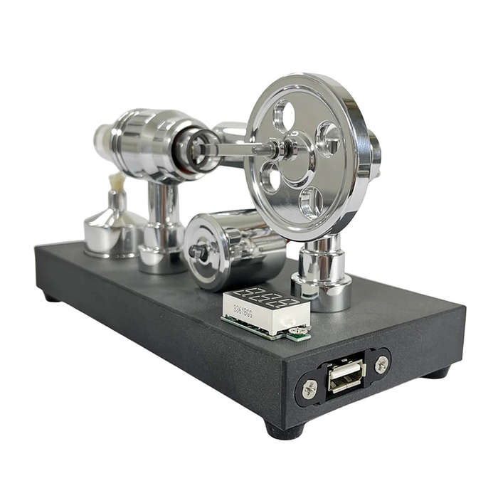 Silver - NikolaToy Mirror Polished Stirling Engine with Embedded Voltmeter USB Plug Unique Creative