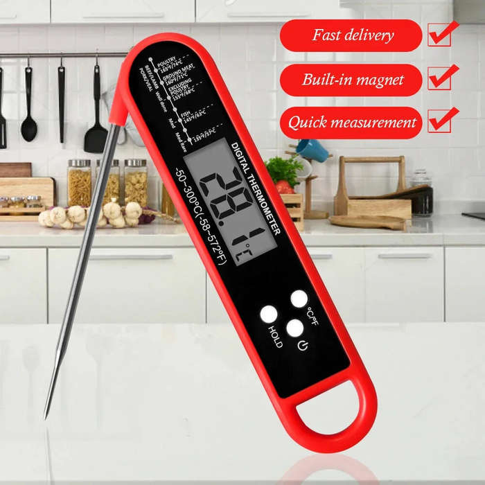 Red - Digital Meat Thermometer Foldable Probe Fast Reading -50 to 300 Auto-Off LCD Display for Cooki