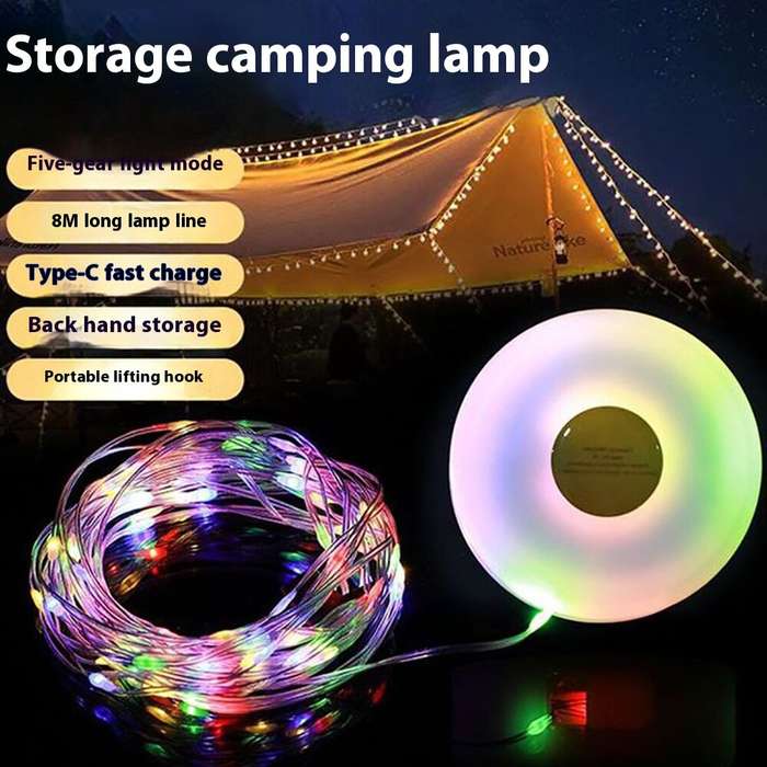 Warm Light - Portable USB Rechargeable Camping Lantern with Retractable 8m LED Strip 5 Modes IP67 Wa