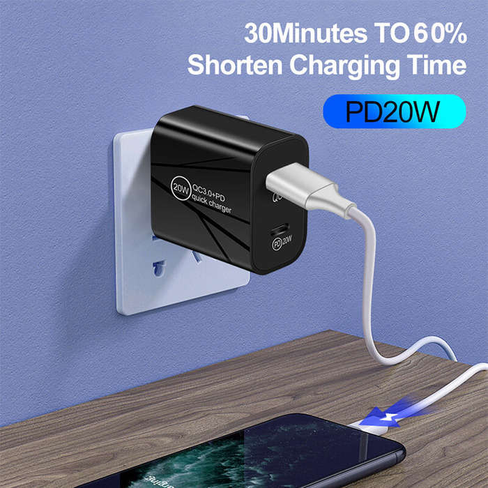 Black - PD20W 2-Port USB PD Charger Dual 20W USB-C PD3.0 QC3.0 Fast Charging Wall Charger Adapter EU