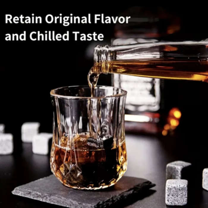 1 - Reusable Whiskey 6 Ice Stones Set Whiskey Stones 2 Whisky Glasses Set Granite Ice Cube Stainless