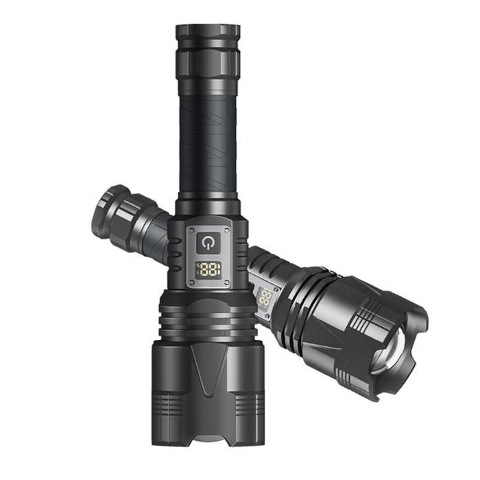 Black - 60W LED Strong Light Flashlight TYPE-C USB Rechargeable Digital Battery Display LED Torch Hi