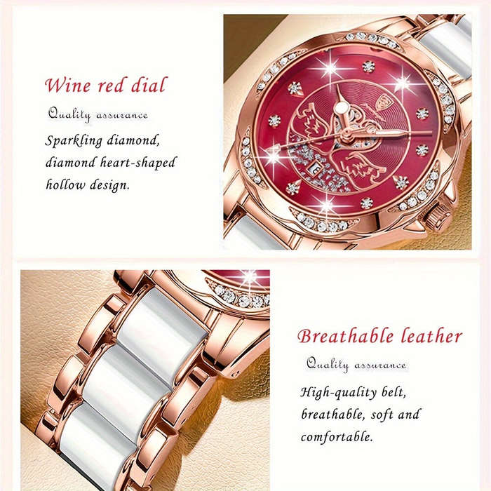 Pink - POEDAGAR Women's Luxury Rhinestones Swan Quartz Watch Waterproof Luminous Fashion Date Dial A