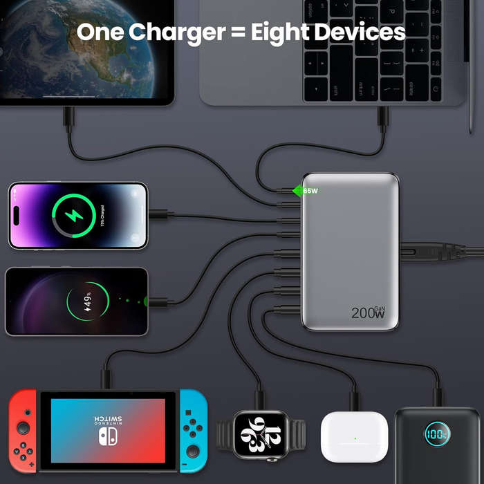 White - [GaN Tech] 200W 8-Port USB PD Charger 4USB-A+4USB-C PD QC Fast Charging Desktop Charging Sta