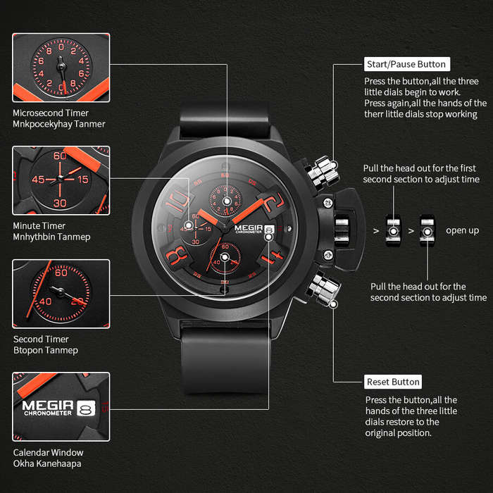 Black - MEGIR Men Multi-functional Watch Sports Chronograph Wristwatch Waterproof Calendar Quartz Wa