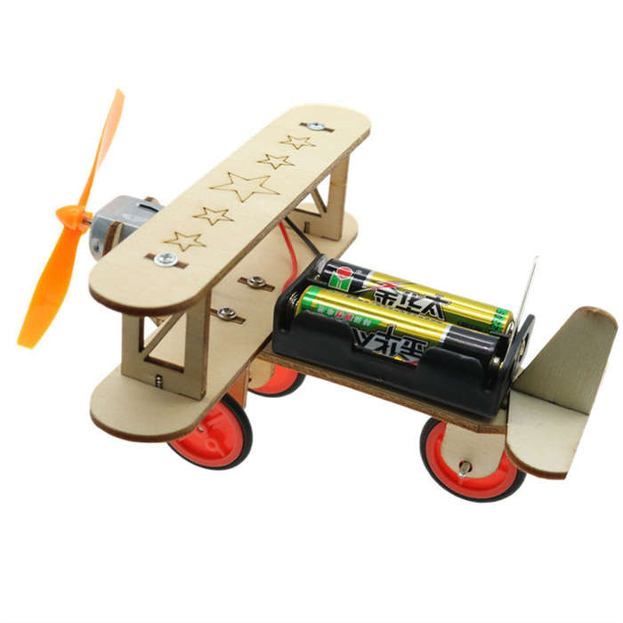 01 - Wooden Electric Biplane Taxiing Aircraft Children's Science Experiment Education Handmade DIY M