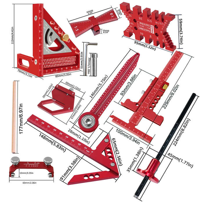Red - 10pcs Aluminum Alloy Woodworking Square Kit CNC Laser Engraved Multi-Angle Ruler Compass Scrib