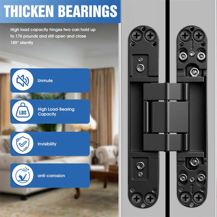 Black - 6 Inch Invisible Silent Door Hinges 180 Degree Swing 3 Way Adjustable Premium Zinc Alloy Hea