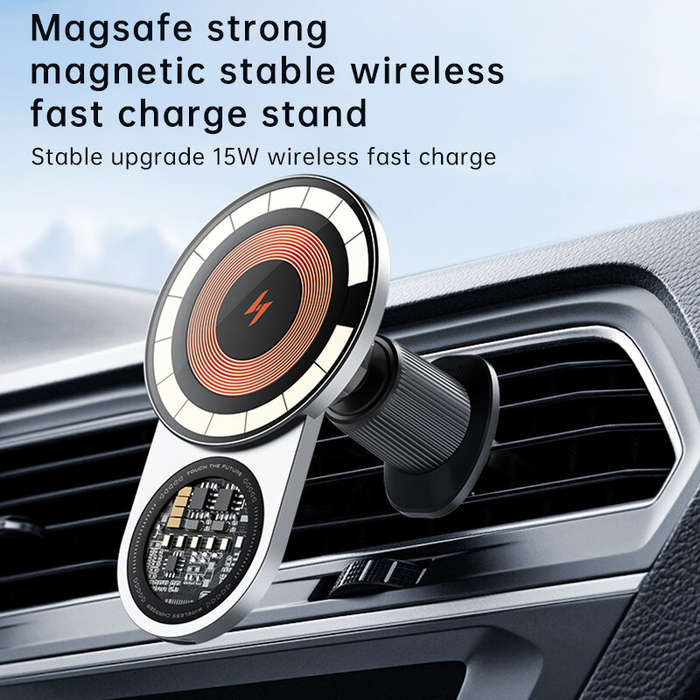 Silver - A8 Magnetic Car Mount Wireless Charger Holder 15W Fast Wireless Charging 1200g Strong Sucti
