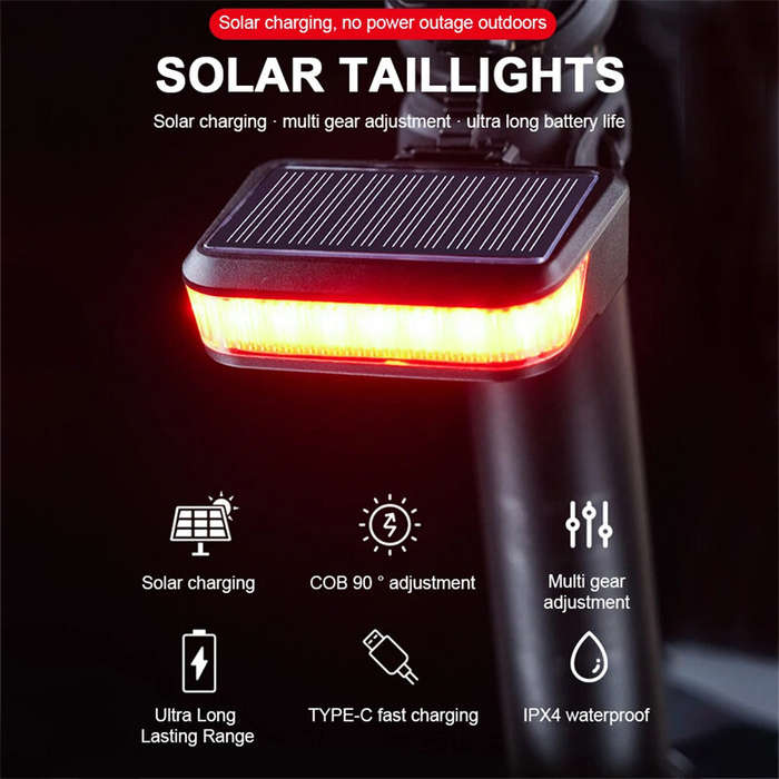 Bikight Solar Bike Taillight 600mAh Battery 6 Light Modes Type-C Solar Charging Waterproof Bicycle R