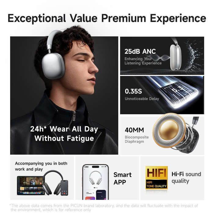 Grey - PICUN F5 ANC Headset bluetooth Headphone -25dB Active Noise Cancelling 40mm Large Drivers HiF