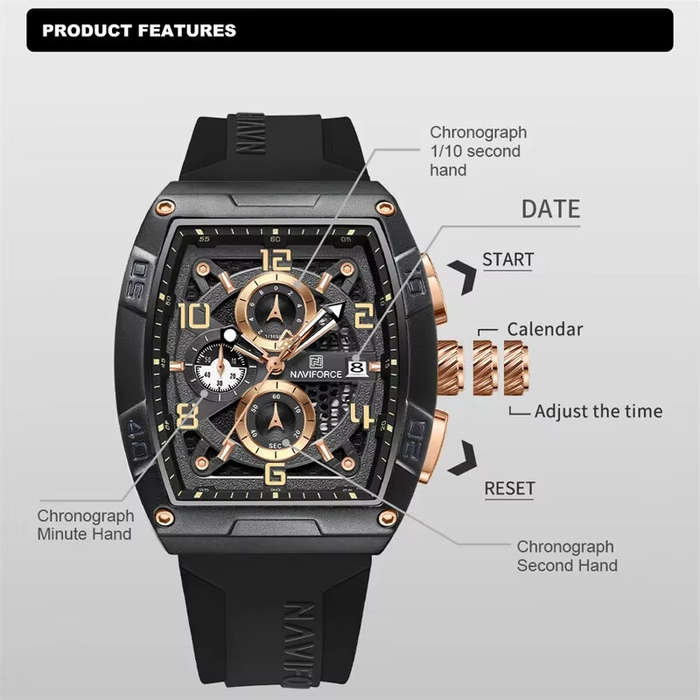 Black+Red - NAVIFORCE Men Watches Waterproof Large Dia Quartz Watch Multi-function Chronograph Sport