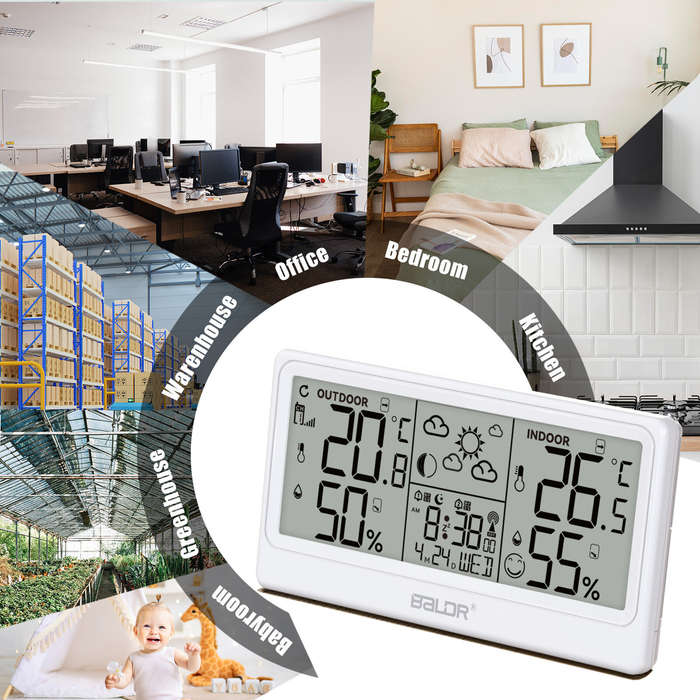 BALDR 8.5" LCD Screen Weather Station RCC Alarm Clock Digital Temperature Humidity Meter Weather For
