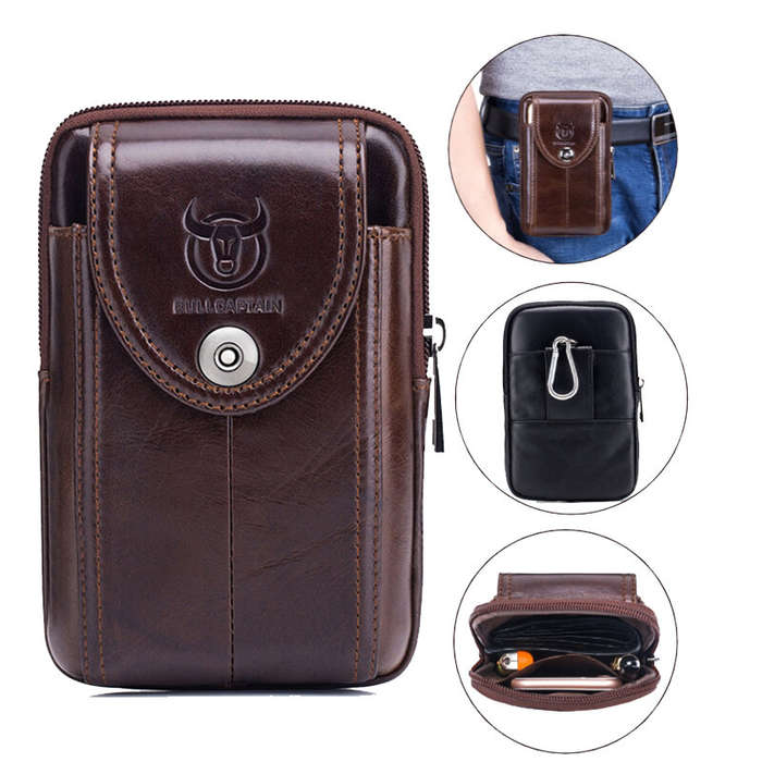 Black - BULLCAPTAIN Genuine Leather Waist Pack Mens Small Fanny Belt Bag Travel Phone Pouch Male Wor