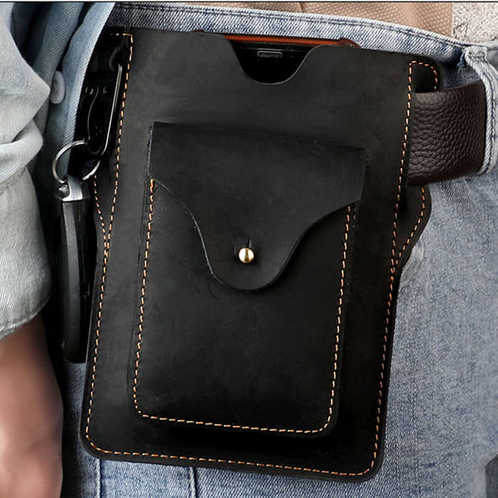 Coffee - Ekphero Retro Men's Waist Bag Genuine Leather Belt Bag Key Waist Work Pocket Phone Bag for
