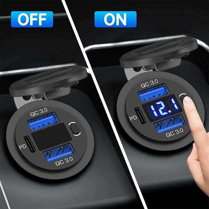 Blue Light - Three Port 12V/24V USB Charger Socket Dual 18W QC 3.0 & 20W PD USB-C For Car Motorcycle