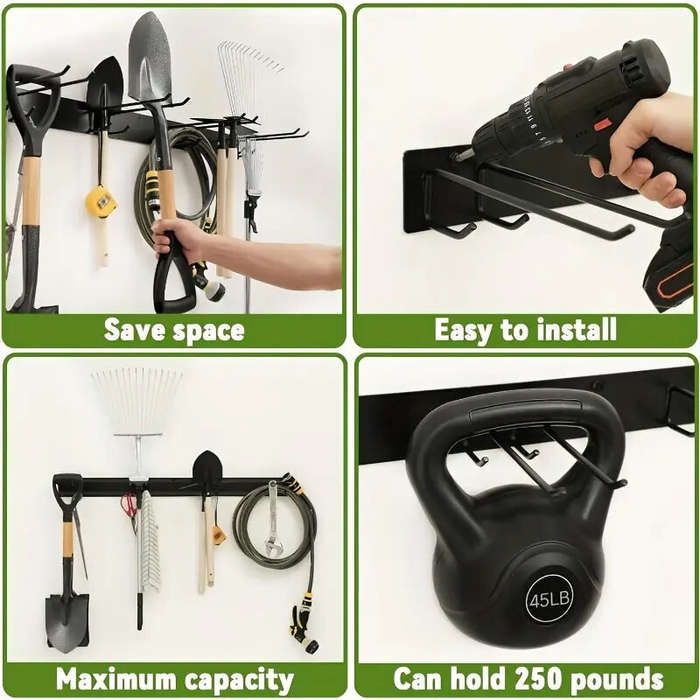 Black - Heavy Duty Iron Wall Mounted Tool Rack Supports Up to 40lbs Compact Space Saving Organizer f