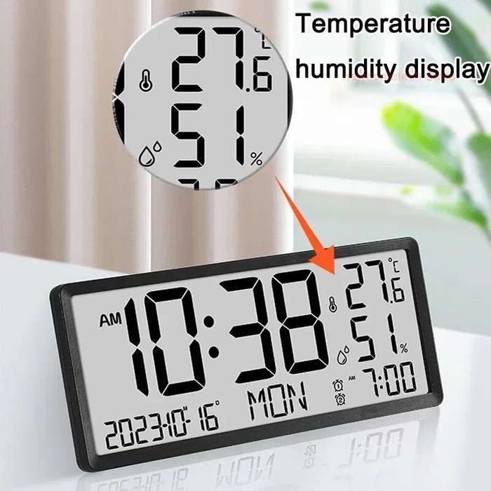White - Large LCD Digital Wall Clock Temperature Humidity Display Alarm Clock Hanging/Desktop Digita