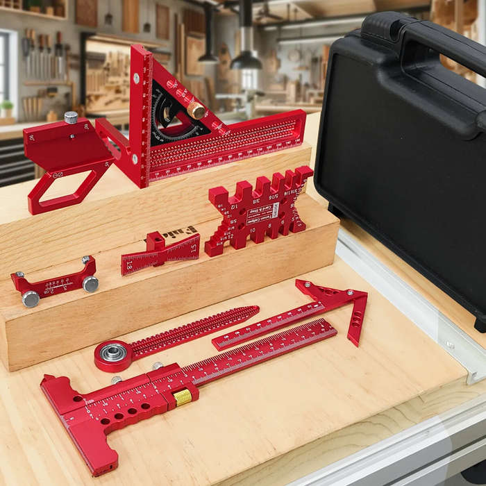 Red - 9Pcs Woodworking Square Kit Aluminum Alloy CNC Tools Multi Functional Ruler Set Center Finder