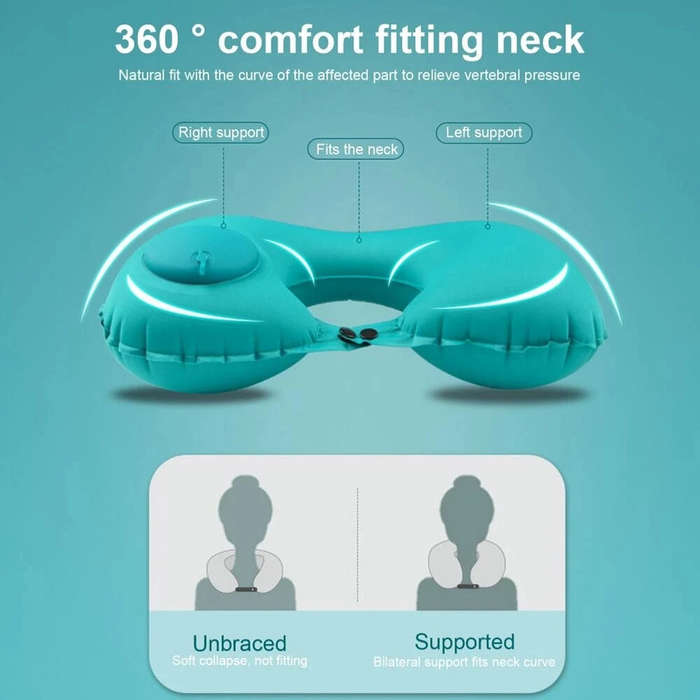 Green - U-Shaped Travel Pillow Press Inflatable Pillow Neck Portable Foldable Outdoor Travel Car Air