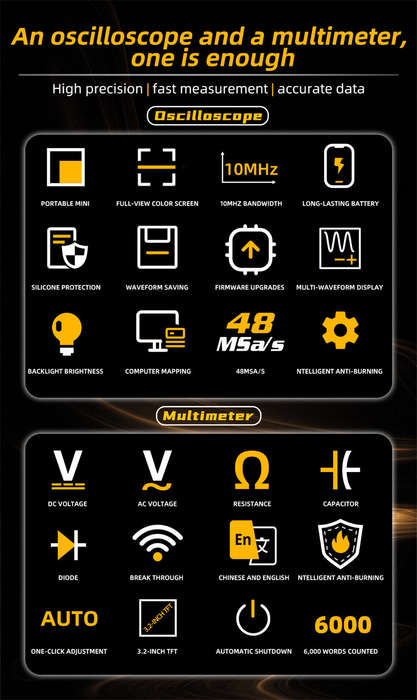 Yellow - BSIDE OS1 Mini Oscilloscope Multimeter 10MHz Bandwidth 48MSa/s Sampling Rate 1000V DC Volta