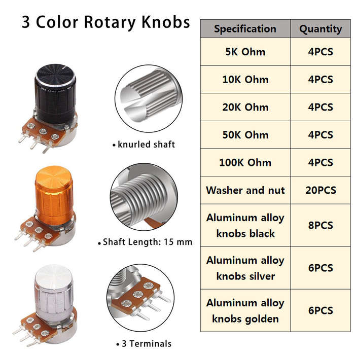 Kit - 60PCS WH148 Potentiometer Switch Kit B5K/10K/20K/50K/100K Ohm 15mm Shaft with Black/Silver/Gol