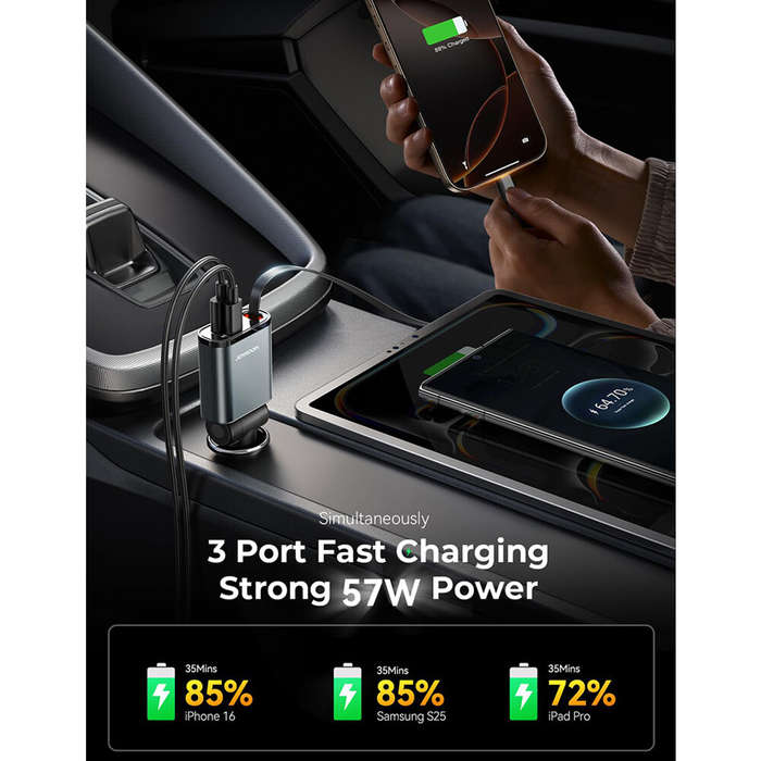 Black - Joyroom 45W 3-In-1 Retractable Cable Car Charger Car Fast Charging Charger Retractable Car C