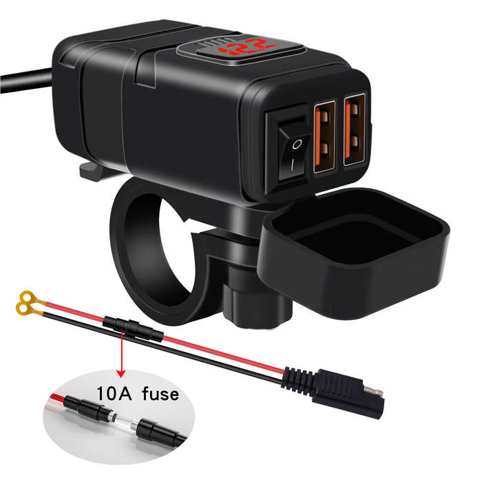 Red - Motorcycle Charger SAE to USB Adapter Dual USB Fast Charger 12V Voltmeter with On/Off Power Sw