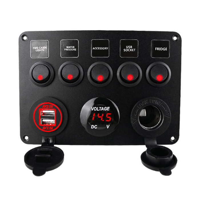 Blue - Car Boat Switch Panel Waterproof Digital Voltmeter Dual USB Port 12 Outlet Combination Marine