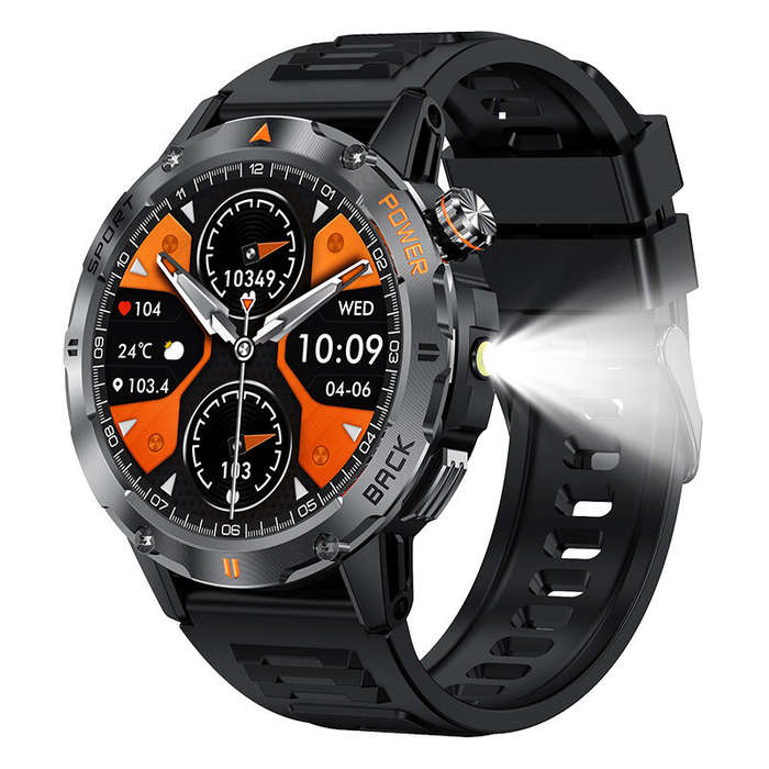 Black - YK06 1.53inch HD Screen LED Flashlight Compass 40 Days Battery Life bluetooth Call Heart Rat