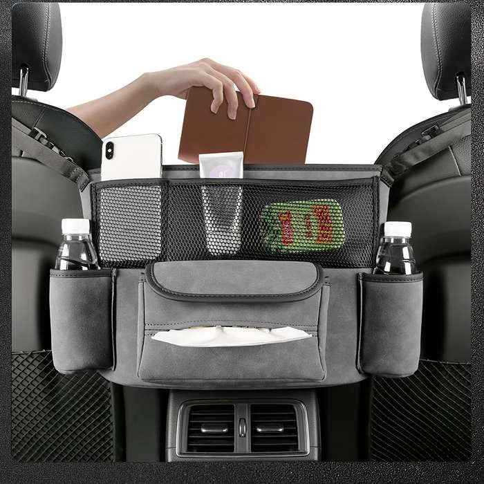 Grey - Car Interior Large Capacity Fluffy Faux Leather Storage Organizer Car Seat Back Storage Bag