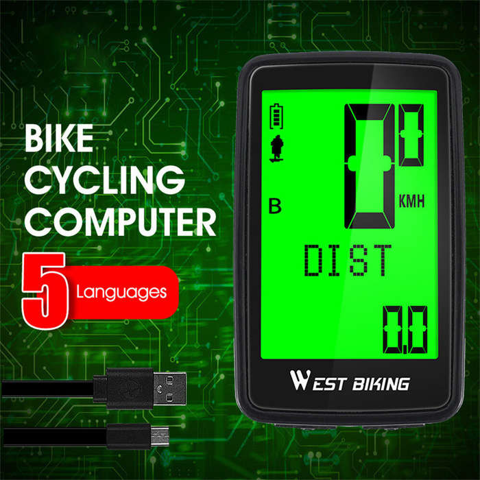 Black - WEST BIKING 5 Languages Bike Computer 21 Functions Touch Screen USB Charging Waterproof Wire