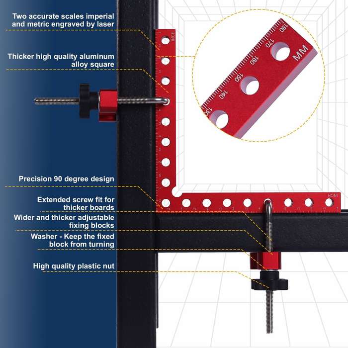 2 Packs 180mm x 180mm 90 Degree Right Angle Clamps Positioning Squares MM/Inch Scale Aluminum Alloy