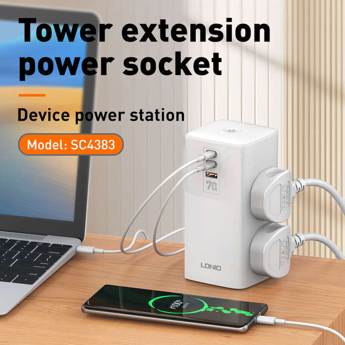 EU Plug - LDNIO 7 in 1 2500W Tower Extension Power Socket 70W Charging Station USB Power Strip with