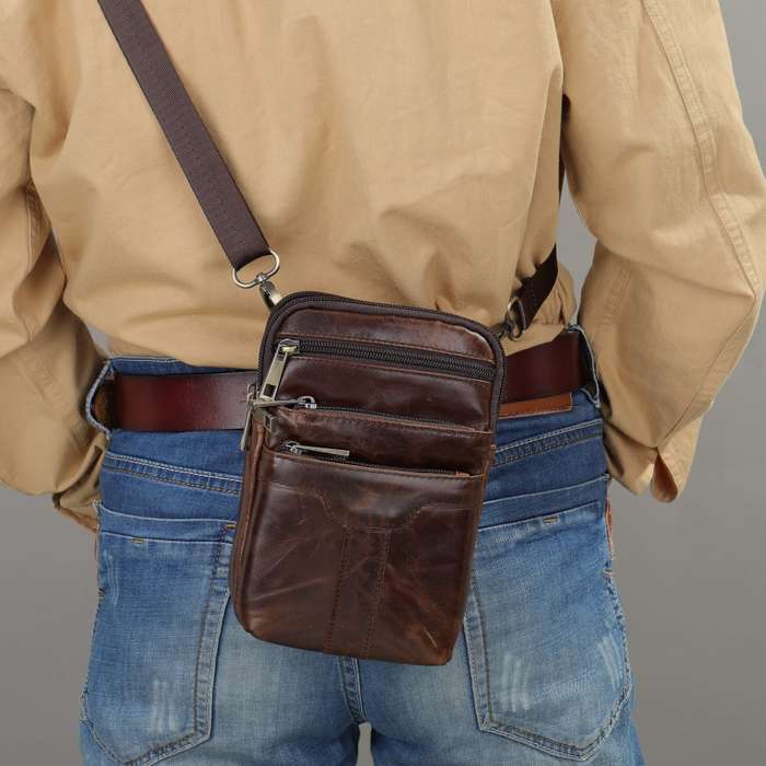 Black - Ekphero Men's Genuine Leather Crossbody Bag with Zipper Mobile Phone Shoulder Bag Small Trav