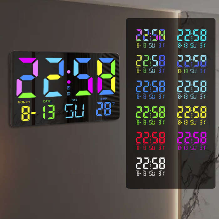 Black - AGSIVO Large RGB Rainbow Digital Wall Clock Alarm Clock Large LED Display with Snooze / Remo
