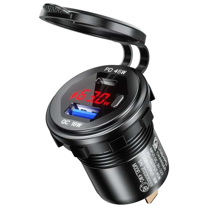 Blue Light - 12-24V 63W Metal Car Charger Socket 45W PD + 18W QC3.0 with LED Voltage/Power Display O