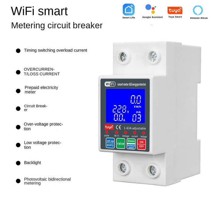 White - WiFi Smart Circuit Breaker 63A 230V 6kA Overcurrent Leakage Protection Bidirectional Meterin
