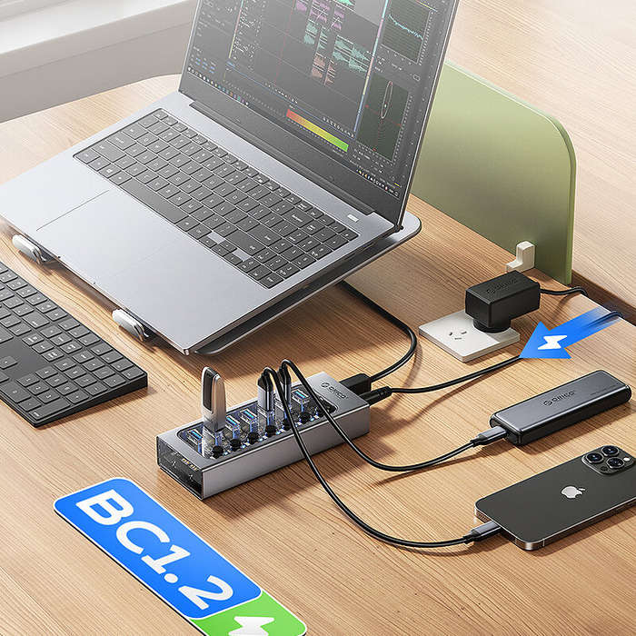Grey - ORICO AT2U3 7-in-1 5Gbps USB 3.0 Hub Docking Station with Independent Power Switch 7xUSB-A Sp