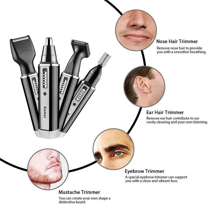 USB - Kemei 4-in-1 Nose Ear Hair Trimmer with High-Quality Stainless Steel Blades Washable and Repla